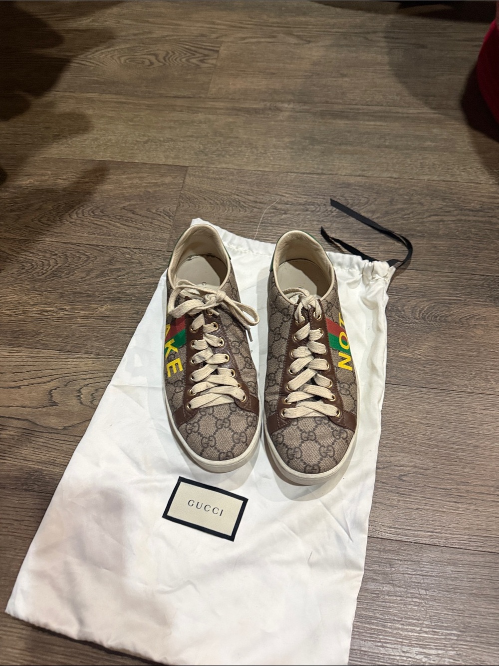 Gucci Brown GG Supreme Canvas Low-Top Sneakers with Green and Red Stripe